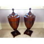 A WONDERFUL PAIR OF 19TH CENTURY MAHOGANY INLAID CUTLERY URNS, ea