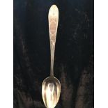 A LATE 18TH CENTURY GEORGIAN IRISH SILVER SERVING SPOON, engraved