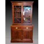 A VERY FINE MAHOGANY INLAID 2 DOOR GLAZED BOOKCASE, with astragal