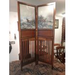 A VERY FIND EDWARDIAN MAHOGANY TWO-FOLD SCREEN, with inset pictur