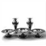 A SUITE OF SILVER ITEMS INCLUDING: TWO VASES & THREE COMPORTS / T