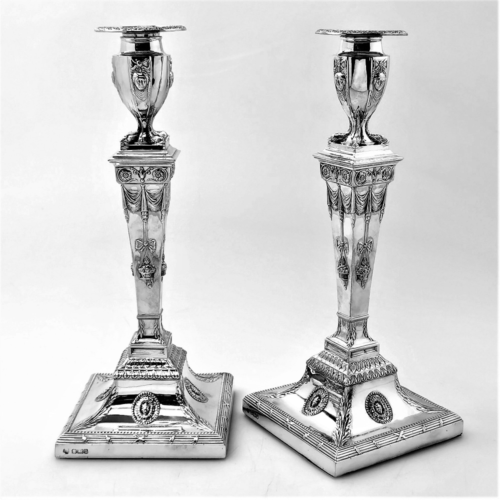 A PAIR OF GEORGE III STYLE SILVER CANDLE STICKS, Sheffield, date - Image 2 of 5