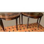 A PAIR OF DEMI-LUNE SIDE TABLES / HALL TABLES, with marquetry inl