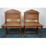 A PAIR OF 19TH CENTURY PUGIN STYLE OAK GOTHIC REVIVAL HALL CHAIRS