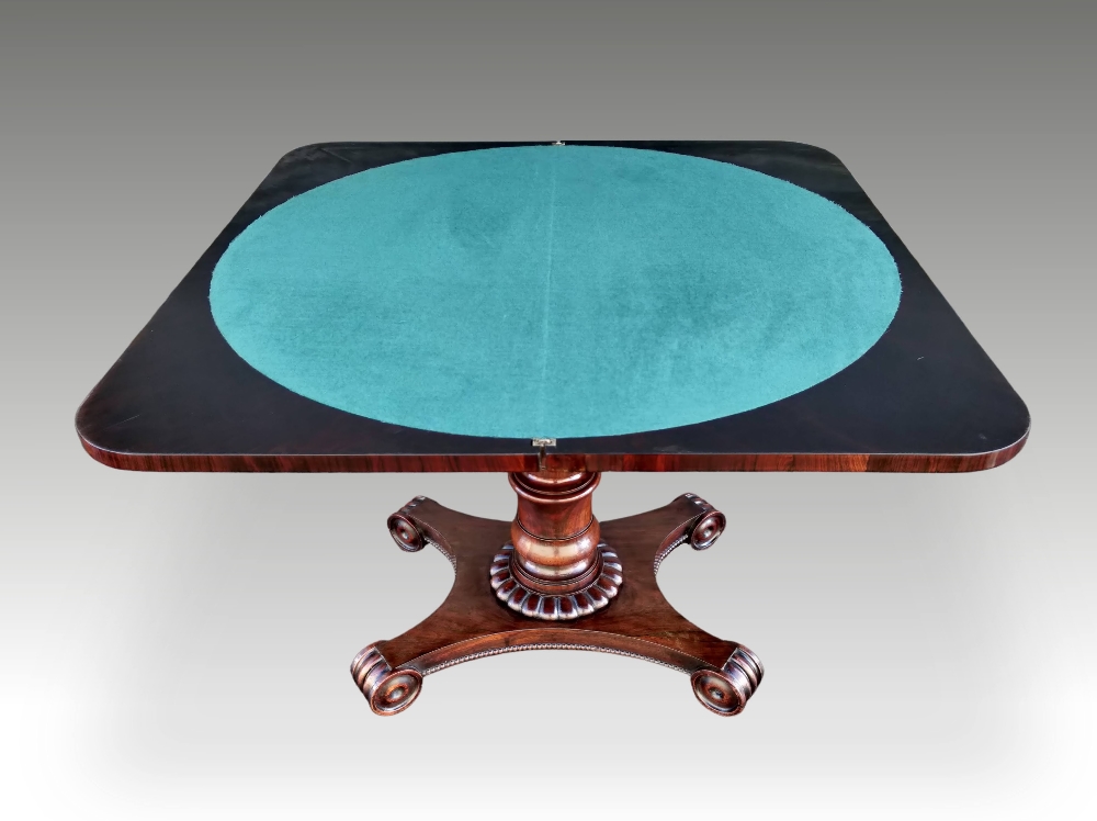 A VERY FINE WILLIAM IV ROSEWOOD FOLD OVER CARD TABLE, circa 1830, - Image 4 of 4