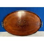 A VERY FINE MAHOGANY INLAID TRAY, with raised scallop gallery edg
