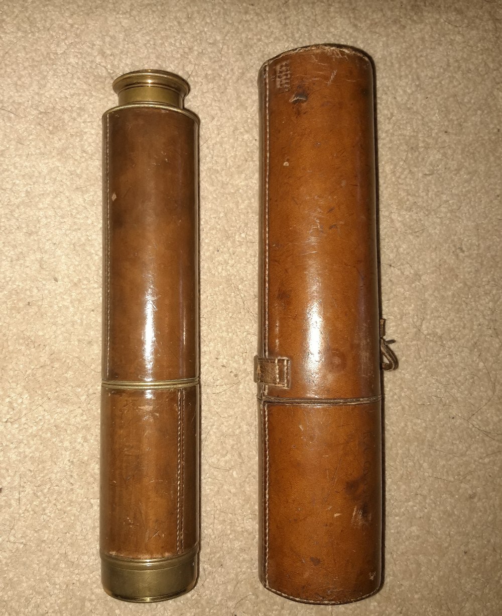 A VERY FINE 19TH CENTURY CASED TELESCOPE, 5 section, leather case