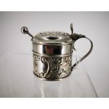 A CHARMING BACHELOR SILVER MUSTARD POT, with original blue glass