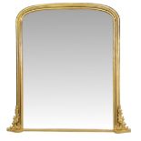 A VERY FINE ARCHED 19TH CENTURY GILT OVERMANTLE MIRROR, with simple leave decoration to the lower
