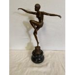 A BRONZE STATUE OF A DANCER, on a marble base, impressed signature to the base, 49cm tall approx.