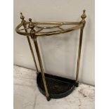 A GOOD DEMI LUNE SHAPED BRASS UMBRELLA / STICK STAND, 41cm x 60cm approx.