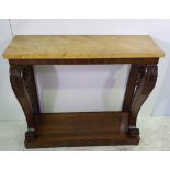 A GOOD QUALITY 19TH CENTURY ROSEWOOD CONSOLE TABLE, with faux marble top, with carved scroll