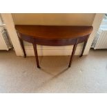 A GOOD QUALITY 19TH CENTURY MAHOGANY AND SATINWOOD INLAID DEMI LUNE TABLE, with ebonised detail,