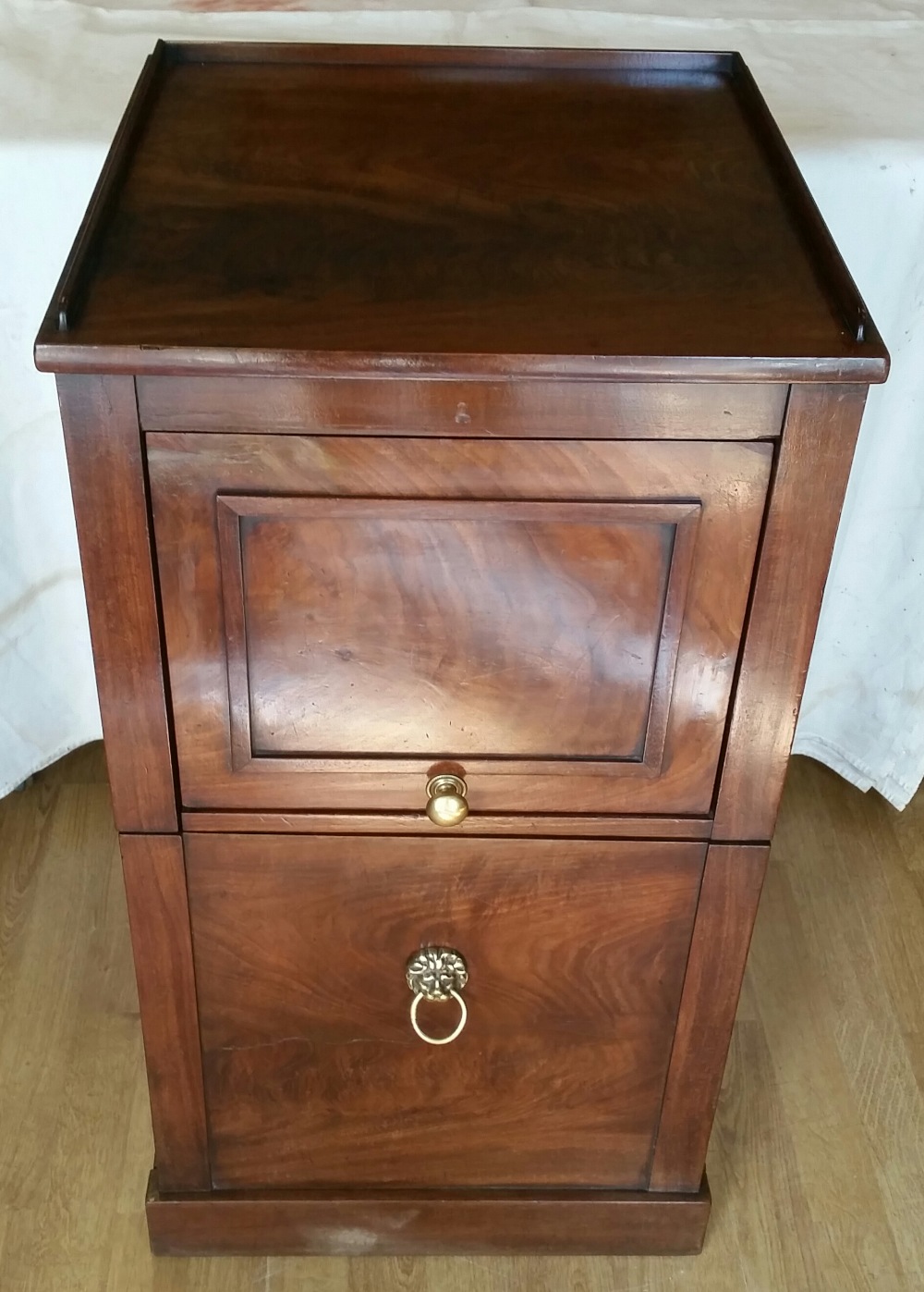 A VERY FINE GEORGE III REGENCY PERIOD MAHOGANY BEDSIDE CABINET, circa 1810, with a raised three