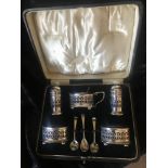 A CASED SILVER CONDIMENT SET, 5 piece, includes; 2 salts, 2 pepperettes and a mustard pot, with
