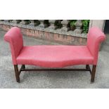 A GOOD QUALITY 19TH CENTURY MAHOGANY FRAMED WINDOW SEAT, with upholstered serpentine seat having
