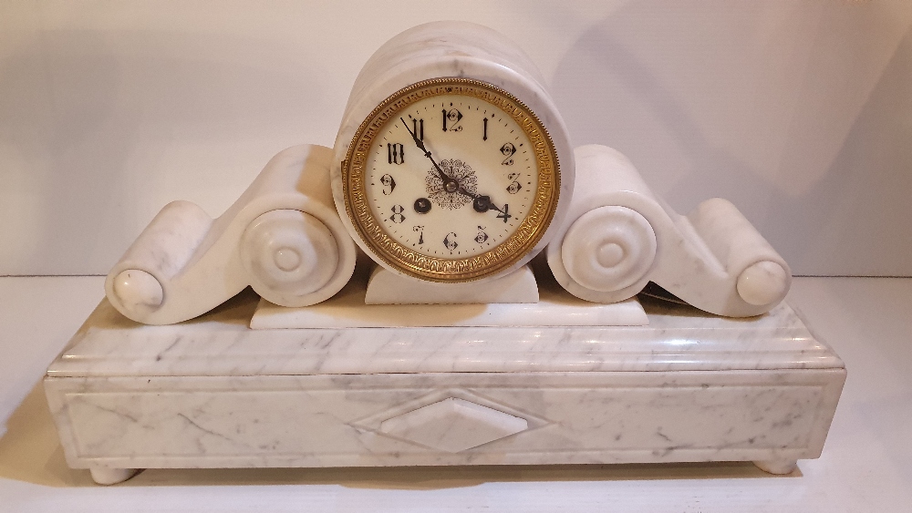 A VERY GOOD QUALITY 19TH CENTURY WHITE MARBLE GARNITURE CLOCK SET, the French works are stamped by - Image 2 of 10