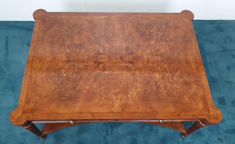 A VERY FINE BURR WALNUT HANDMADE COFFEE TABLE, having cross-banded frame to the top, two tiers, with - Image 4 of 6