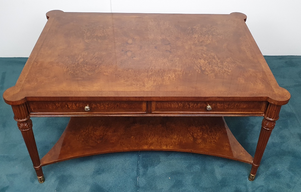 A VERY FINE BURR WALNUT HANDMADE COFFEE TABLE, having cross-banded frame to the top, two tiers, with