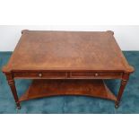 A VERY FINE BURR WALNUT HANDMADE COFFEE TABLE, having cross-banded frame to the top, two tiers, with