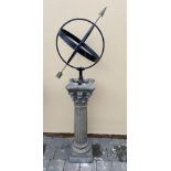 A GARDEN ORNAMENT IN THE FORM OF A SUNDIAL ON A STONE COLUMN BASE, 148cm tall approx.