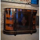 A VERY FINE LATE 19TH CENTURY EBONISED CREDENZA, circa 1860, with beautiful amboyna wood panels to