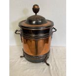AN ART DECO STYLE COPPER ROUND COAL BOX, with liner, 30cm wide x 54cm tall approx.