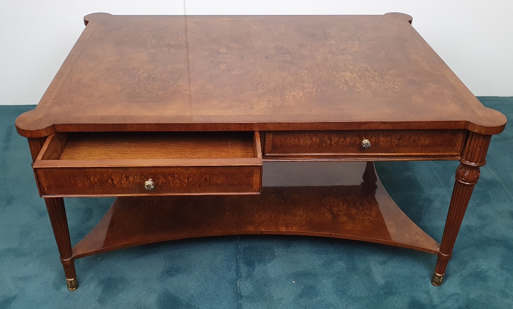 A VERY FINE BURR WALNUT HANDMADE COFFEE TABLE, having cross-banded frame to the top, two tiers, with - Image 2 of 6