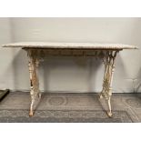 A LATE 19TH CENTURY VICTORIAN WHITE CAST IRON GARDEN TABLE with white marble top, 77cm tall x
