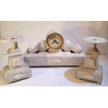 A VERY GOOD QUALITY 19TH CENTURY WHITE MARBLE GARNITURE CLOCK SET, the French works are stamped by