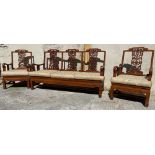 A SUITE OF CHINESE STYLE LIVING ROOM FURNITURE, includes two arm chairs and a three seat settee,