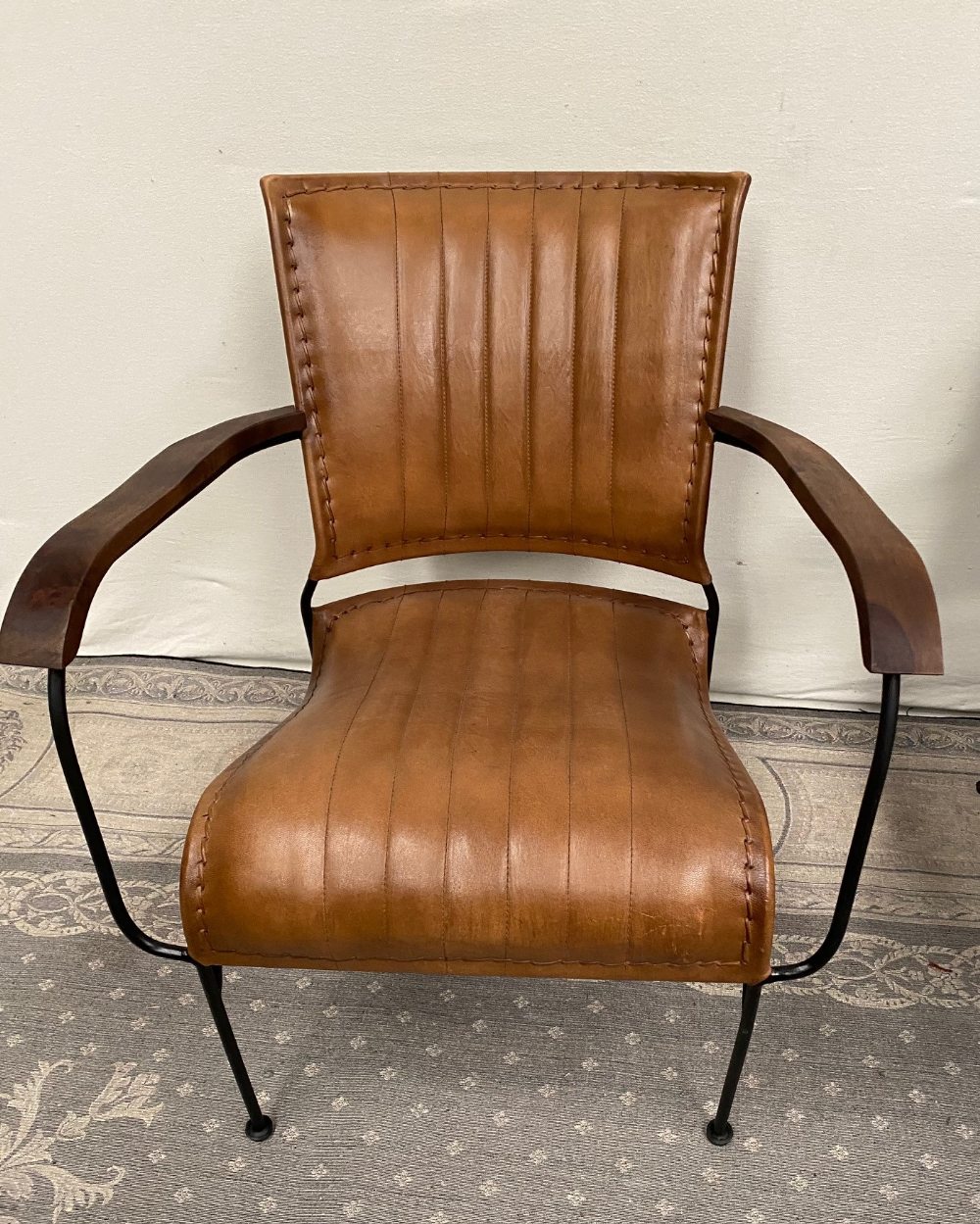 A PAIR OF CONTEMPORARY MID CENTURY MODERN STYLE LEATHER AND METAL ARM CHAIRS, with wooden arm rests, - Image 2 of 5