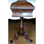 A WILLIAM IV ROSEWOOD SEWING BOX, circa 1830, of sarcophagus shape, the top lifts to reveal fabric