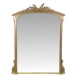 A VERY FINE 19TH CENTURY GILT OVERMANTLE MIRROR, with gentle arched gadrooned top, having a