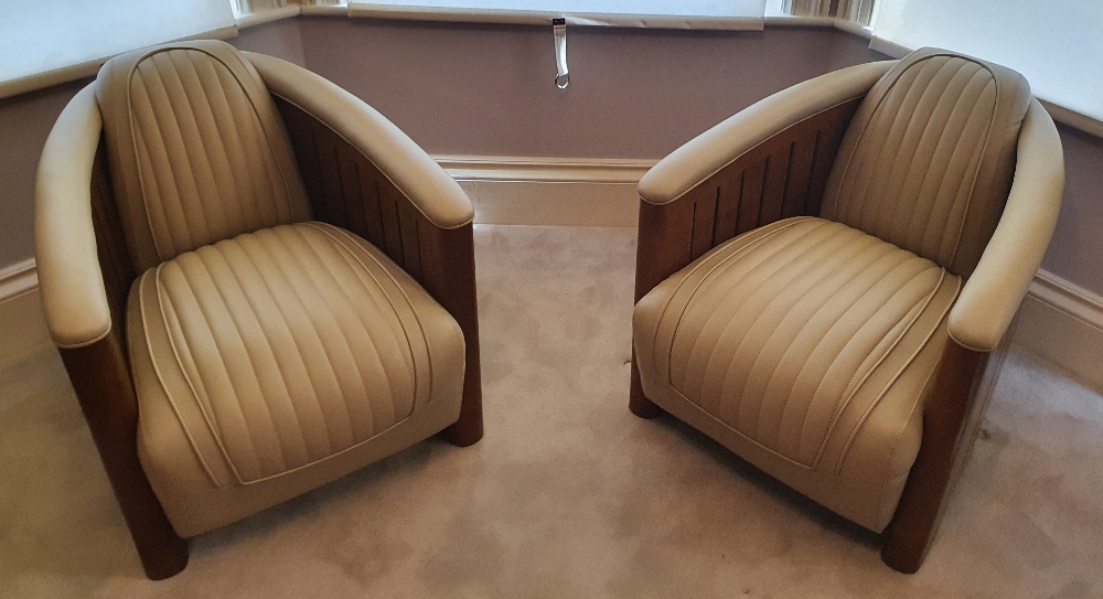 A STUNNING PAIR OF ART DECO STYLE AVIATOR CLUB ARMCHAIRS, in fresh cream stitched leather, with - Image 2 of 10