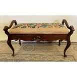 A VICTORIAN MAHOGANY DUET PIANO STOOL / WINDOW SEAT, raised on cabriole shaped leg, with lovely