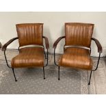 A PAIR OF CONTEMPORARY MID CENTURY MODERN STYLE LEATHER AND METAL ARM CHAIRS, with wooden arm rests,