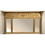 A VERY FINE LATE 19TH CENTURY GILT OVER MANTLE MIRROR, with a 3 panel mirror, having ball detail