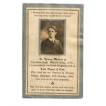 A MEMORIAL CARD FOR: TERENCE MACSWINEY, card with photo attached, silver coloured outer frame to