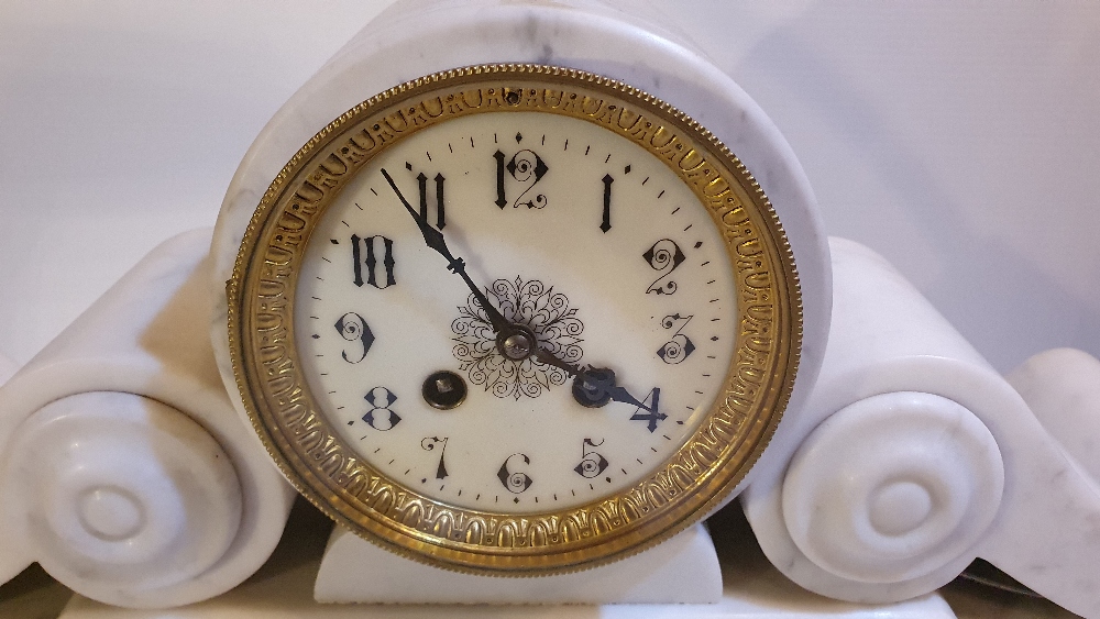 A VERY GOOD QUALITY 19TH CENTURY WHITE MARBLE GARNITURE CLOCK SET, the French works are stamped by - Image 3 of 10