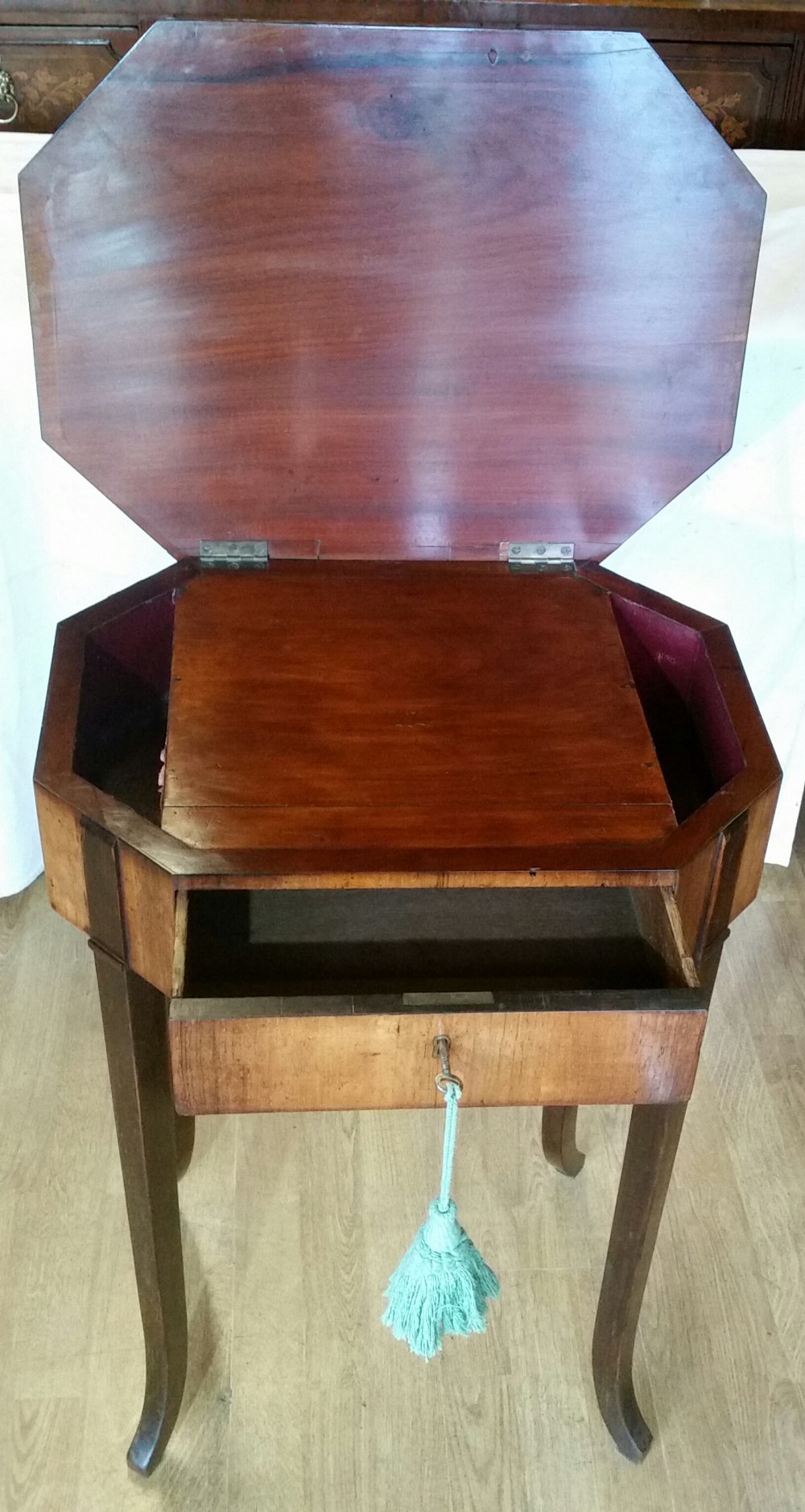 A GEORGE III ROSEWOOD WRITING / SEWING TABLE, circa 1820, of hexagonal shape, with lifting top - Image 2 of 4