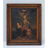 A 19TH CENTURY OIL ON CANVAS, JESUS ON THE CROSS, in need of some restoration, 96.5cm (H) x 80cm (W)