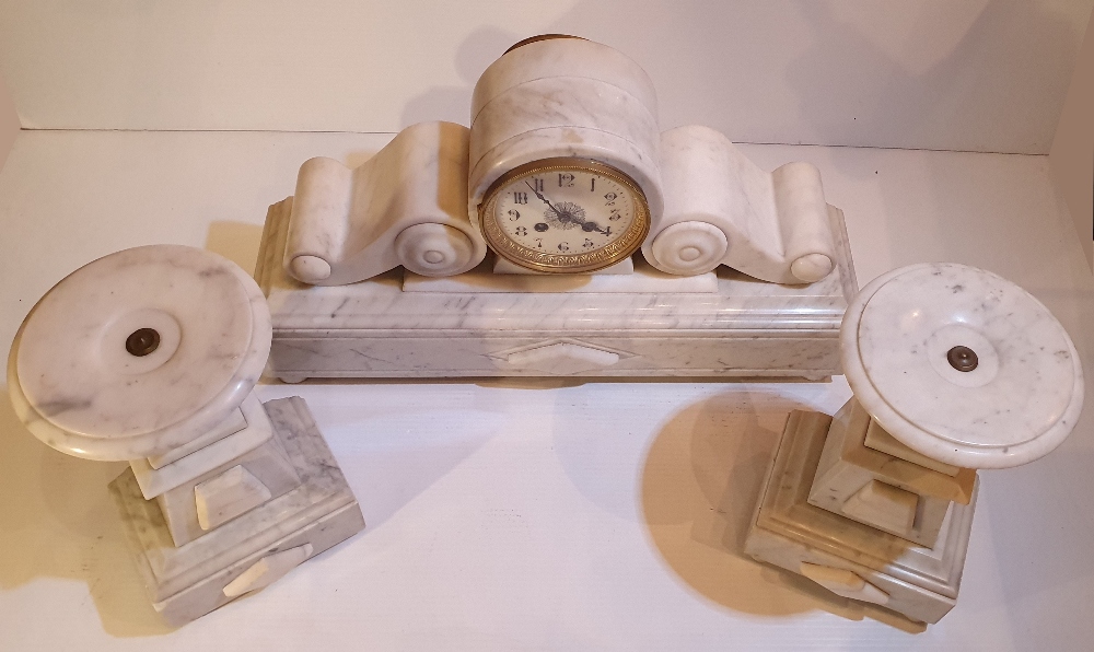 A VERY GOOD QUALITY 19TH CENTURY WHITE MARBLE GARNITURE CLOCK SET, the French works are stamped by - Image 7 of 10