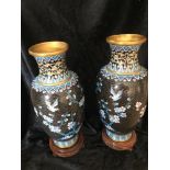 A PAIR OF MID 20TH CENTURY CLOISONNE VASES, on original hardwood stands, with images of birds and