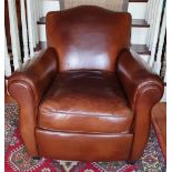 A VERY FINE ART DECO STYLE REAL LEATHER CLUB ARMCHAIR, in excellent condition, 81.3cm (H at back)