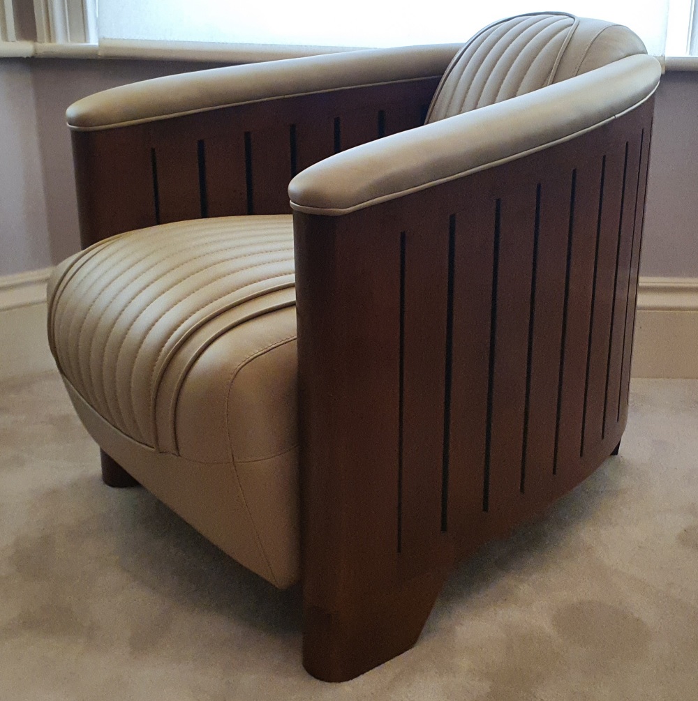 A STUNNING PAIR OF ART DECO STYLE AVIATOR CLUB ARMCHAIRS, in fresh cream stitched leather, with - Image 5 of 10