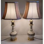 A PAIR OF GOOD QUALITY 19TH CENTURY PORCELAIN AND BRASS OIL TABLE LAMPS, converted to electric,