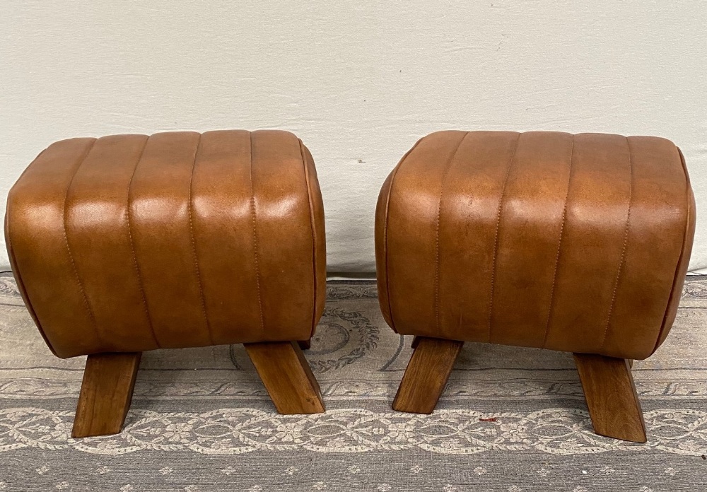 A PAIR OF CONTEMPORARY LEATHER AND WOOD GYMNASTIC STYLE STOOLS, 39cm x 31cm x 36cm (tall) approx. - Image 2 of 3