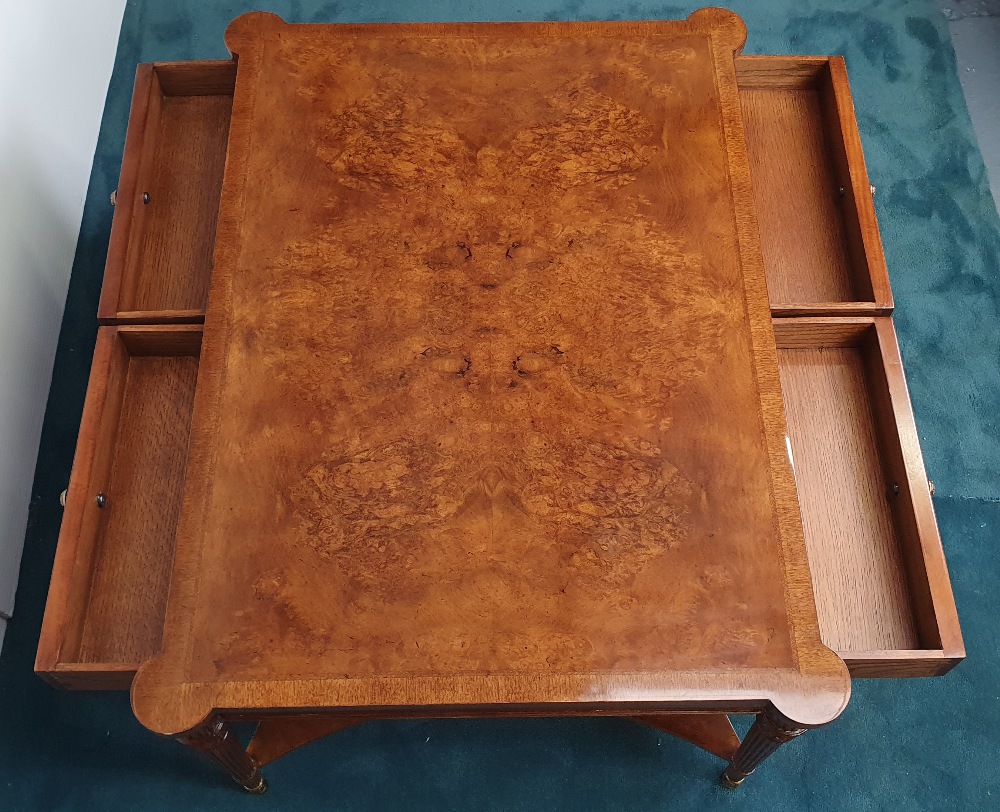 A VERY FINE BURR WALNUT HANDMADE COFFEE TABLE, having cross-banded frame to the top, two tiers, with - Image 3 of 6