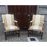 A GOOD QUALITY PAIR OF MAHOGANY GAINSBOROUGH STYLE ARM CHAIRS, each with mahogany frame and damask